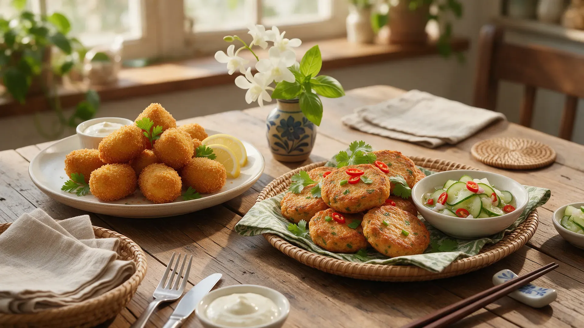 A plate of golden breadcrumbed croquettes next to a plate of Thai fish cakes with cucumber relish