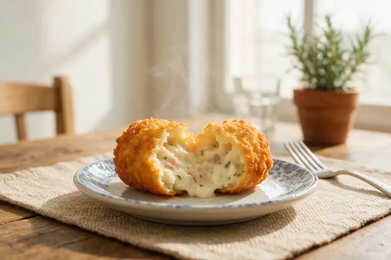 A broken-open croqueta showing a creamy filling on a small plate
