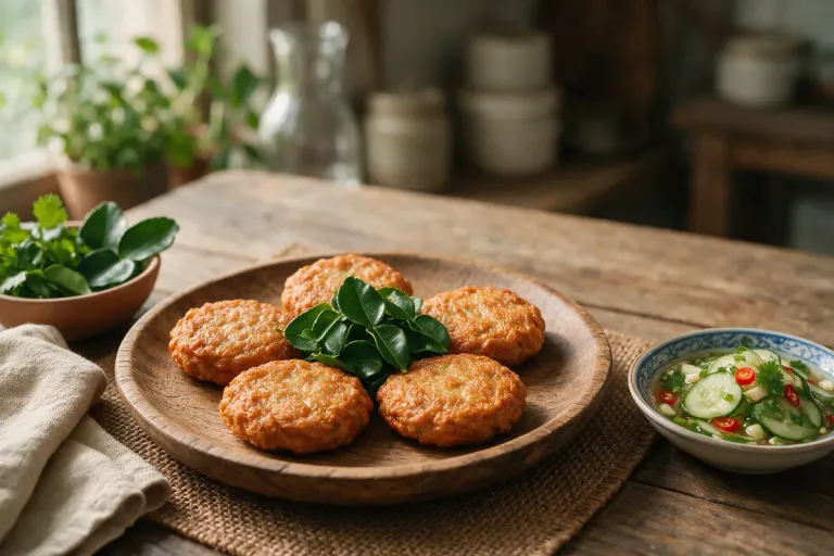 Thai fish cakes with sliced kaffir lime leaves and a bowl of cucumber relish