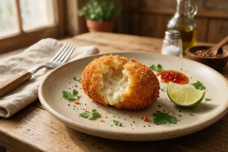 A croqueta broken open to show a creamy béchamel interior