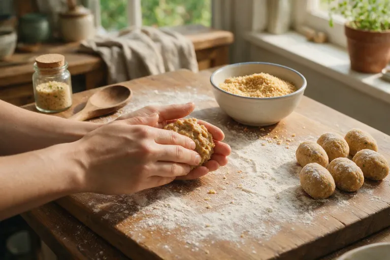 Hands shaping croqueta mixture on a floured board beside a bowl of breadcrumbs
