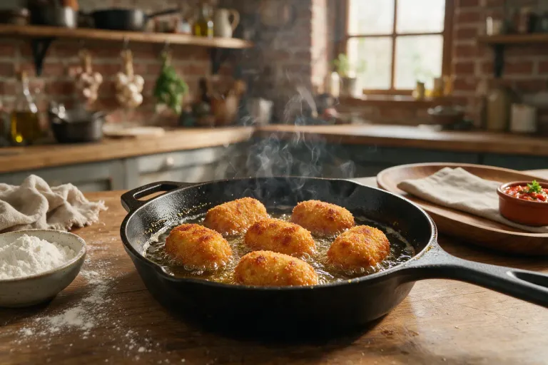 Croquetas frying in oil