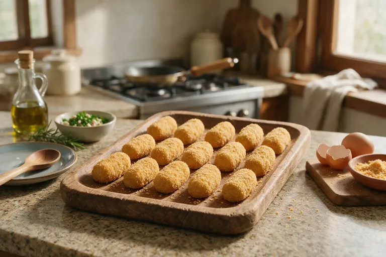 Breaded croquetas before frying