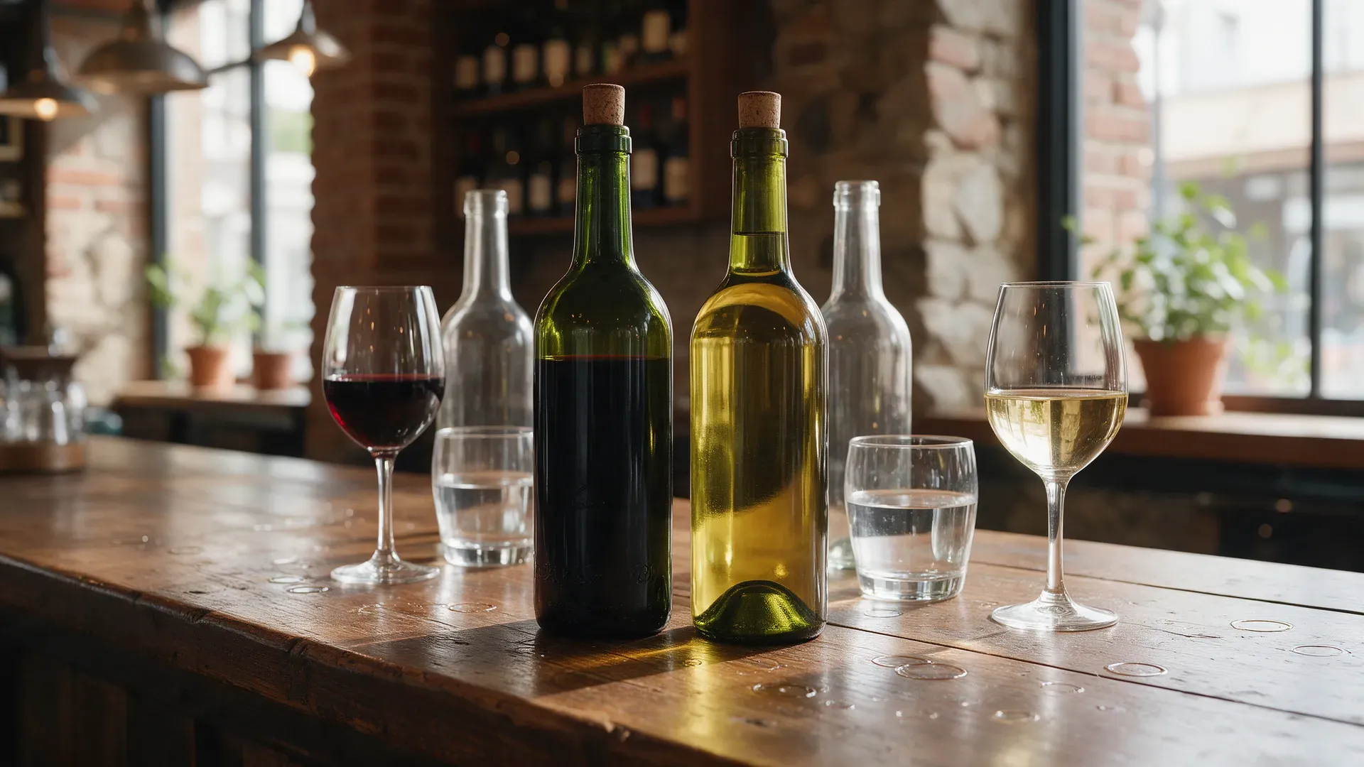 Several bottles of Spanish red and white wine standing on a wooden bar counter next to glasses