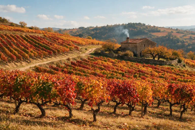 Rows of vines on a hillside in autumn colours with a stone farmhouse in the distance