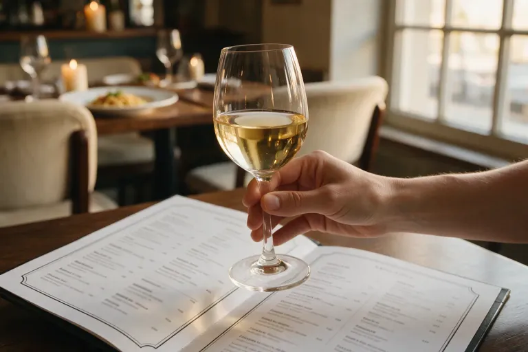 A hand holding a glass of white wine over a printed restaurant wine list