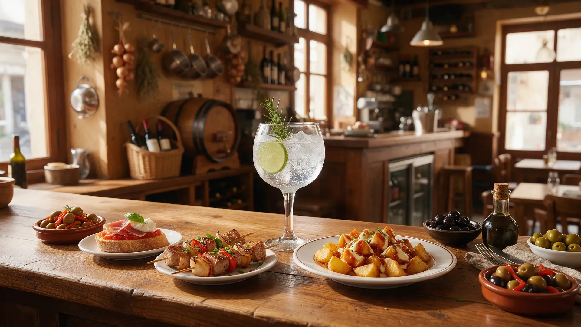 A small tapas bar interior with plates of Spanish tapas on a wooden counter and a large-bowl gin tonic glass