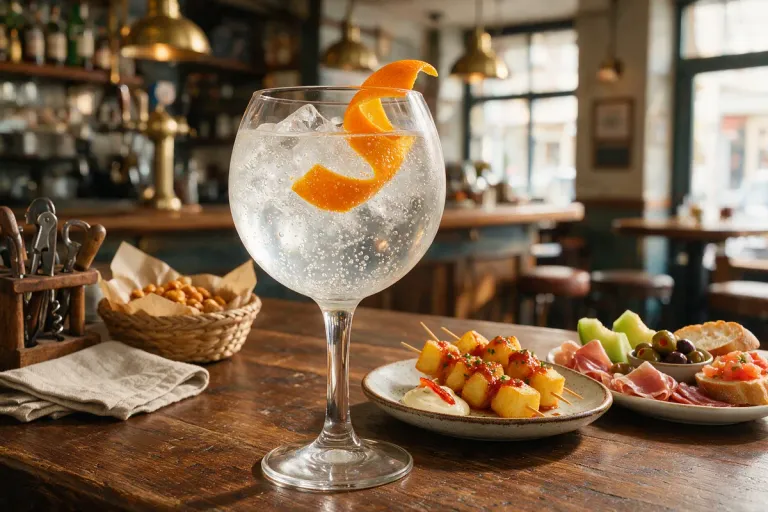 A large balloon glass of gin and tonic with ice and citrus peel on a bar counter next to small tapas plates