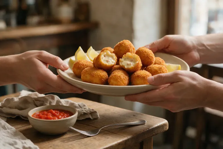 Hands passing a plate of Spanish croquetas across a small wooden restaurant table