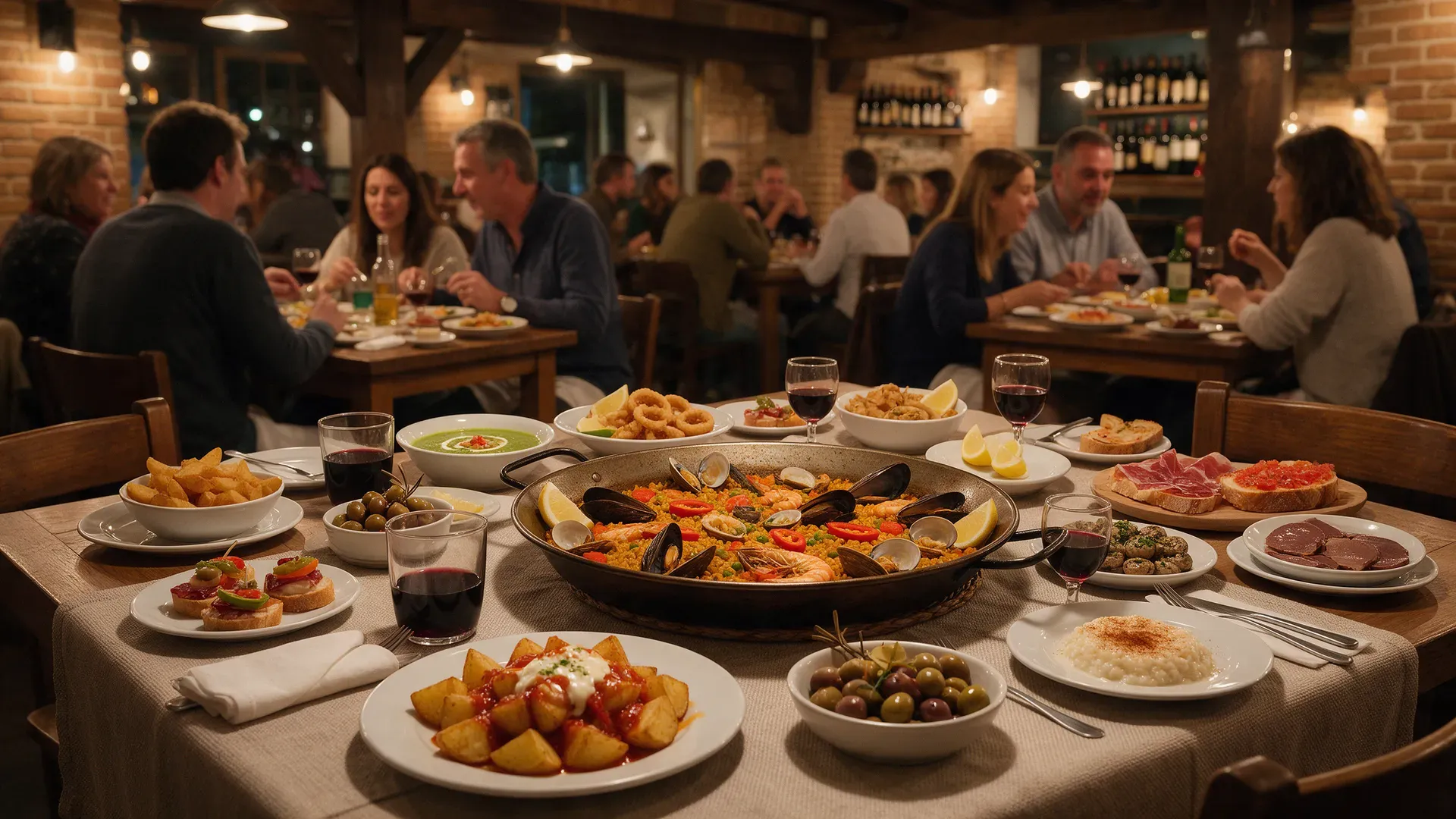 A long table of shared tapas and a large seafood paella in a warmly lit restaurant