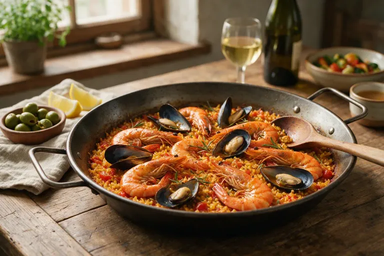 Close-up of a paella pan with saffron rice, prawns and mussels on a wooden table