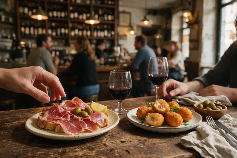 Small plates of tapas, croquetas and sliced ham with a glass of red wine on a bar counter
