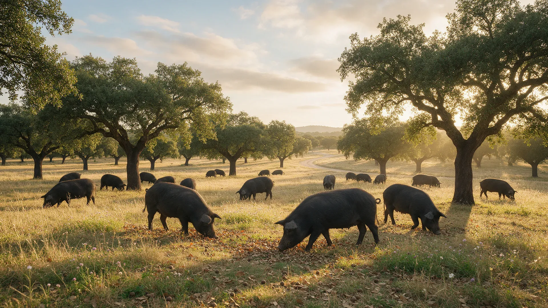 An open oak pasture at golden hour with black Iberian pigs foraging under the trees