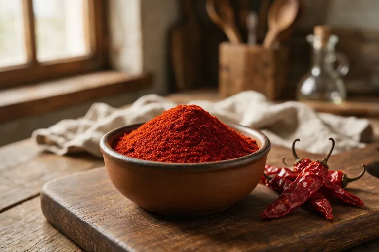 A small bowl of deep red smoked paprika beside dried red peppers