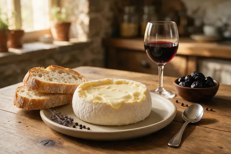 A round soft sheep's cheese with its top rind removed and a spoon beside it, with slices of bread