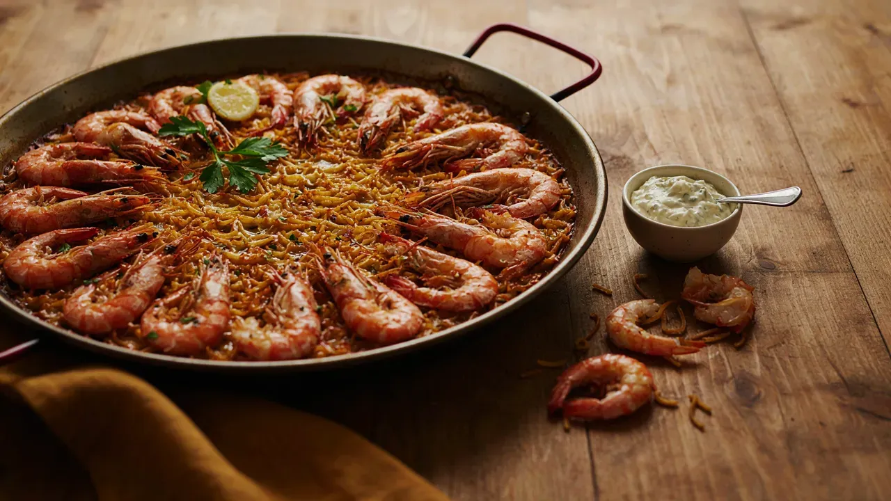 A wide paella pan of short toasted noodles with prawns and a bowl of garlic mayonnaise beside it