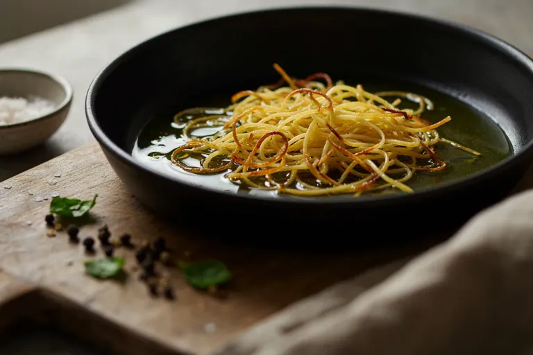 Thin golden noodles being toasted in olive oil in a shallow pan