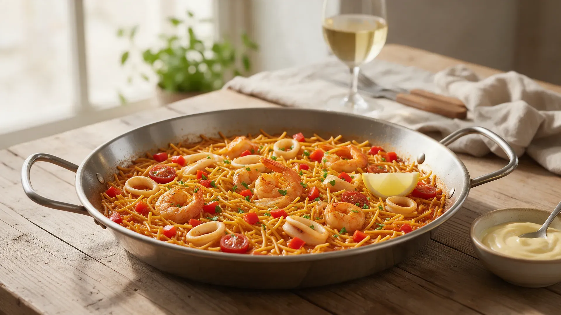 A paella pan of seafood fideuà with short noodles, prawns and squid, with a bowl of allioli