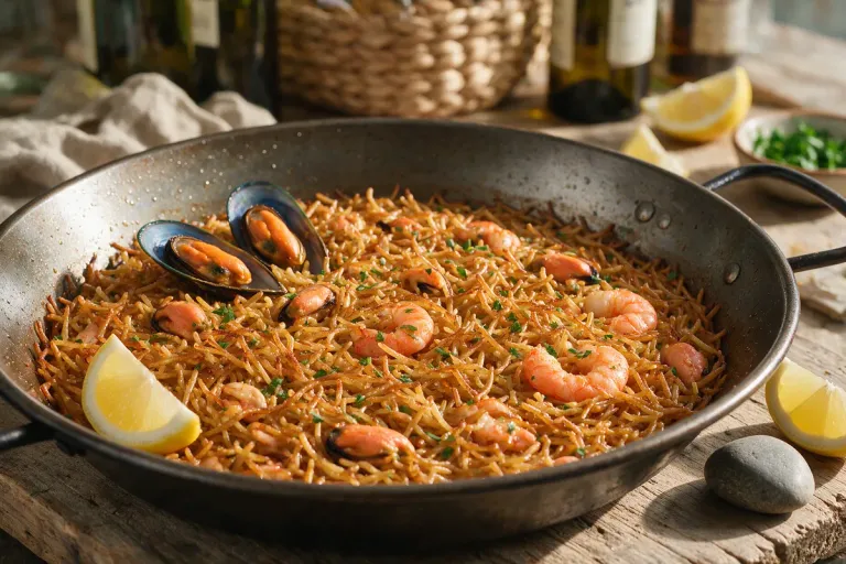 A pan of fideuà with prawns, mussels and lemon wedges