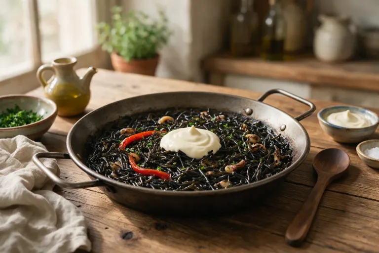 Black fideuà made with squid ink, topped with a spoonful of allioli