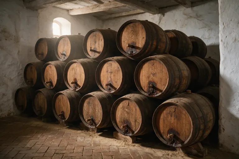Stacked old oak sherry barrels in a dim cellar