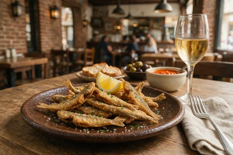 A plate of small fried fish with lemon next to a chilled glass of pale sherry