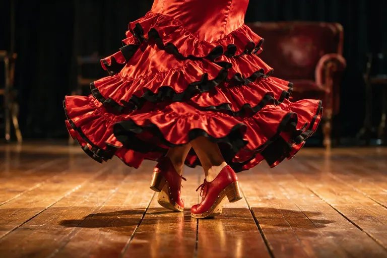 A flamenco dancer's ruffled skirt and heeled shoes in motion on a wooden stage