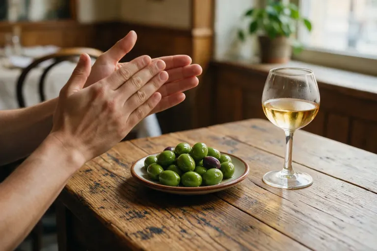Hands clapping in rhythm beside a small plate of olives and a glass of pale wine