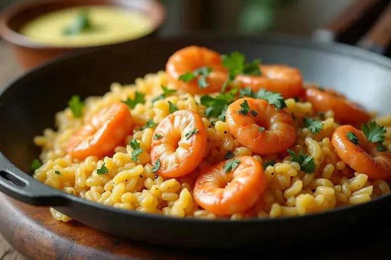 A wide pan of golden seafood rice with prawns, beside a small bowl of alioli