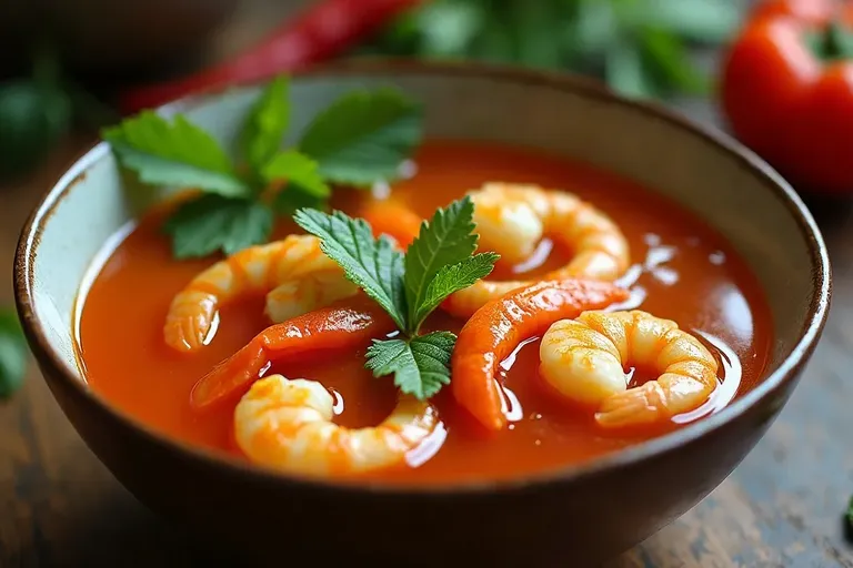 A bowl of hot and sour prawn soup with lemongrass, lime leaves and chillies