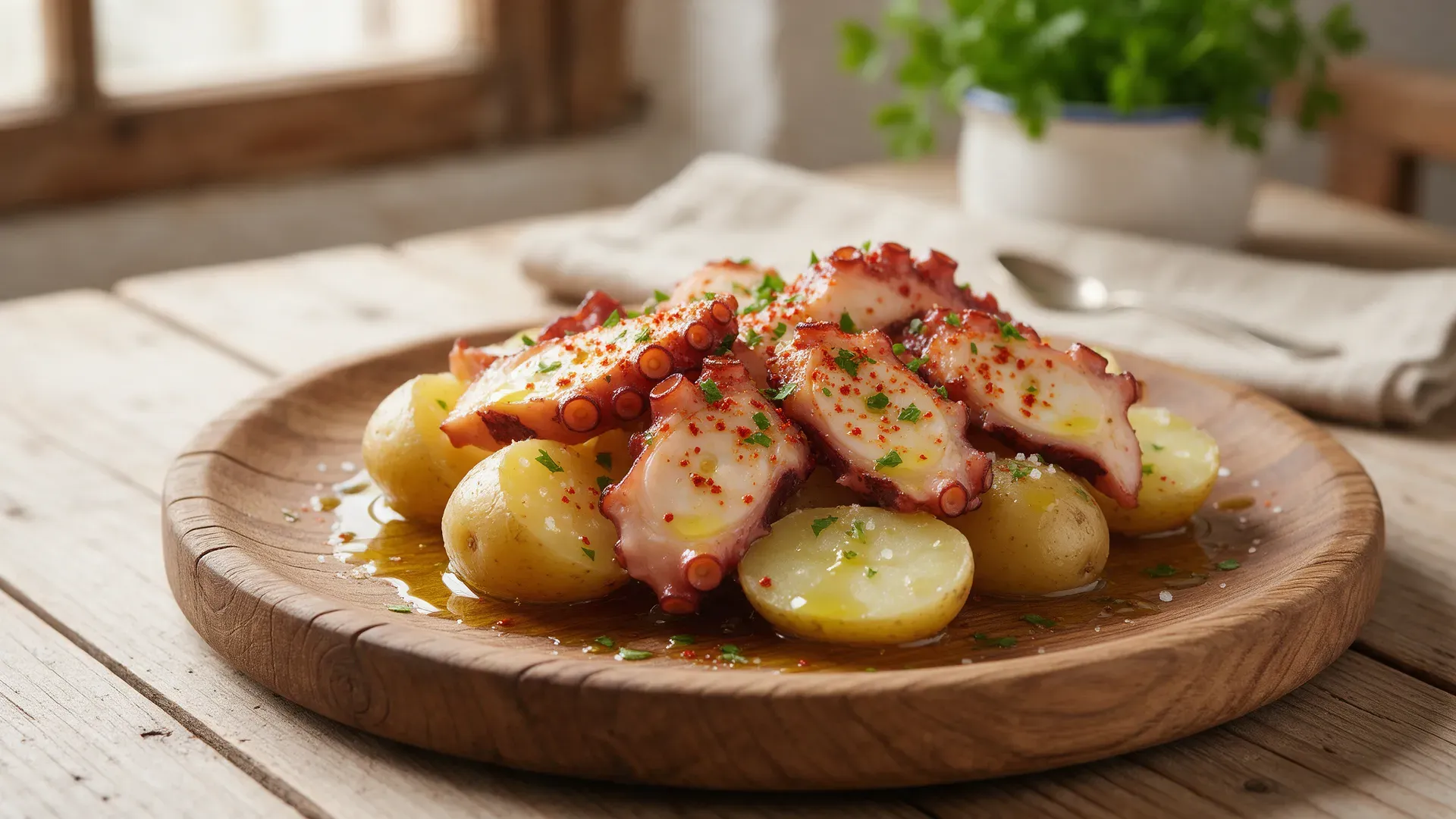 Slices of boiled octopus dusted with paprika and drizzled with olive oil on a round wooden plate