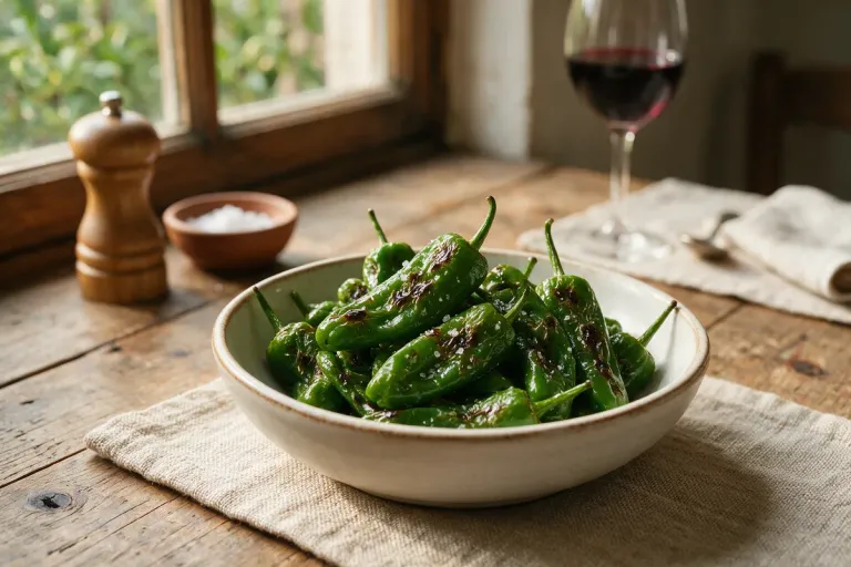 A small bowl of blistered green Padrón peppers sprinkled with coarse salt