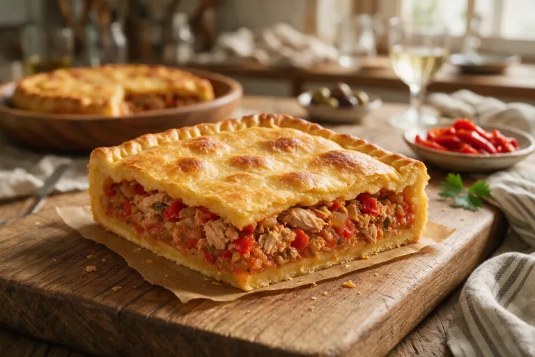 A square slice of golden empanada pie with a tuna and pepper filling on a wooden board