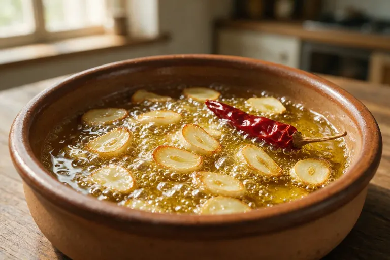 Close-up of golden sliced garlic and red chilli in bubbling olive oil