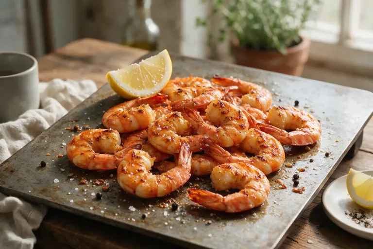 Whole shell-on prawns seared on a griddle with coarse salt and lemon