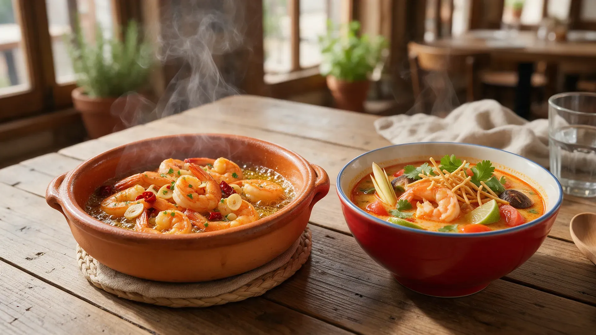 Garlic prawns sizzling in olive oil in a terracotta dish beside a bowl of hot and sour prawn soup with lemongrass and lime