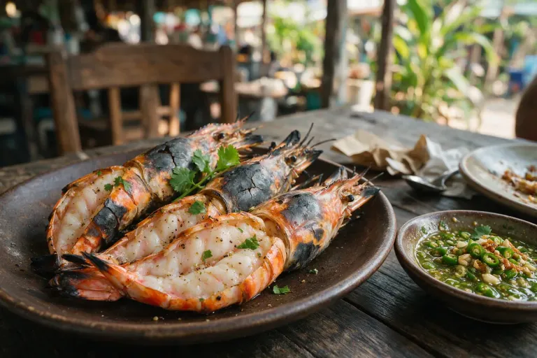 Large grilled river prawns with charred shells split open on a plate beside a small dish of green chilli dipping sauce