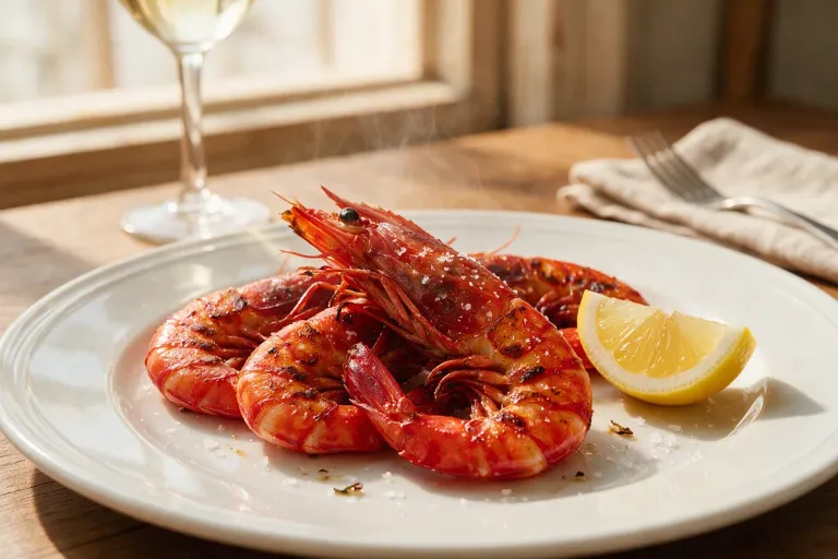 Deep red prawns griddled with coarse salt on a white plate with a lemon wedge