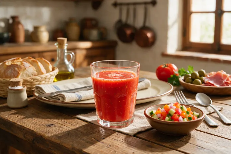 A glass of bright red gazpacho soup with small diced vegetable garnish on the side