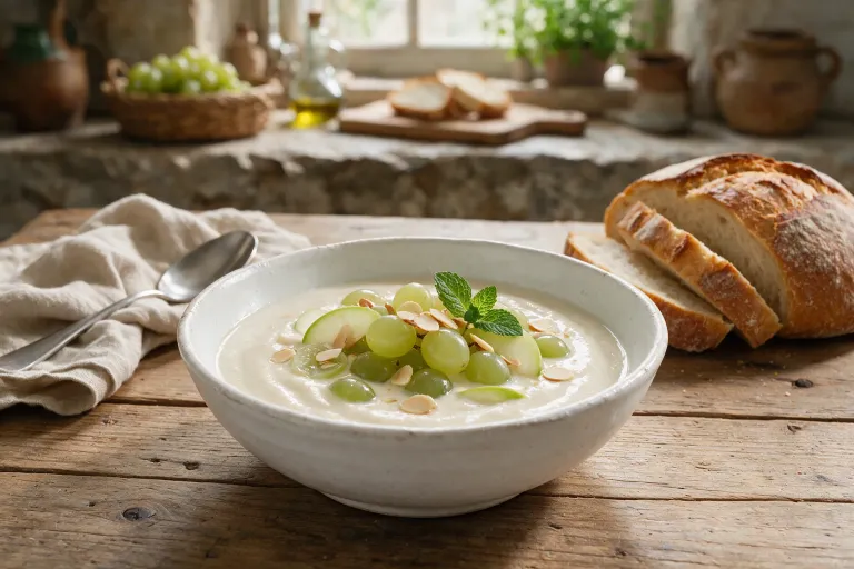 A pale, almond-based cold soup garnished with green grapes in a white bowl