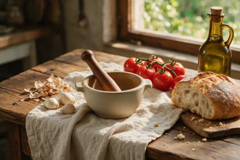 A ceramic mortar with garlic, tomato and bread beside a bottle of olive oil (illustration)