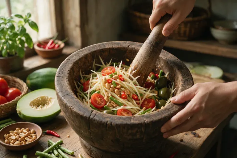 Green papaya salad being pounded in a wooden mortar, hands only (illustration)