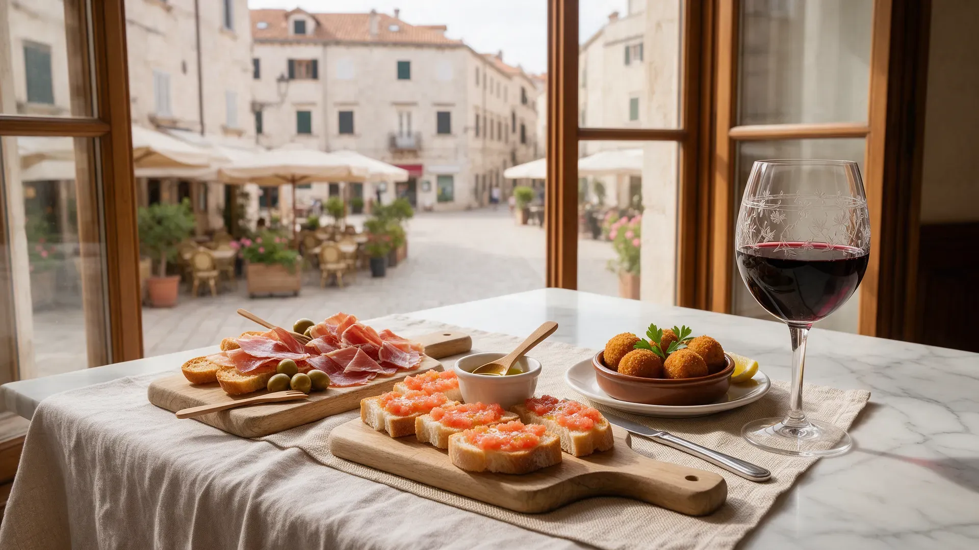 Sliced cured ham, pan con tomate, croquetas and a glass of red wine on a marble table by a window onto a cobbled square