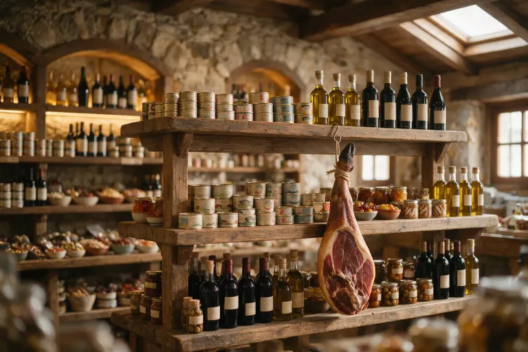 Shelves of a delicatessen stocked with tinned seafood, olive oil and wine bottles, with a cured ham hanging