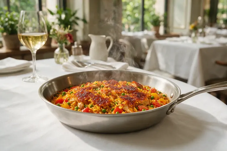 A Spanish rice dish in a shallow pan on a white tablecloth beside a glass of white wine