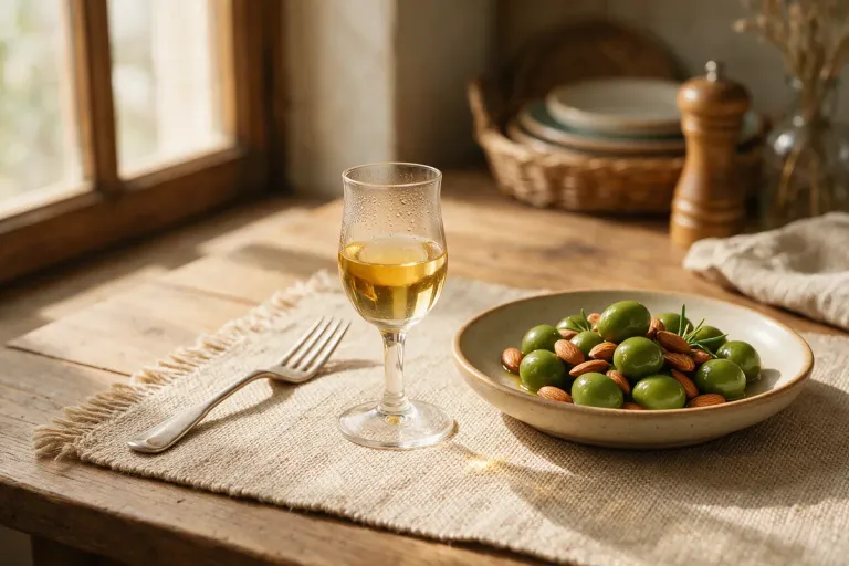 A small glass of chilled pale sherry next to a dish of green olives and almonds