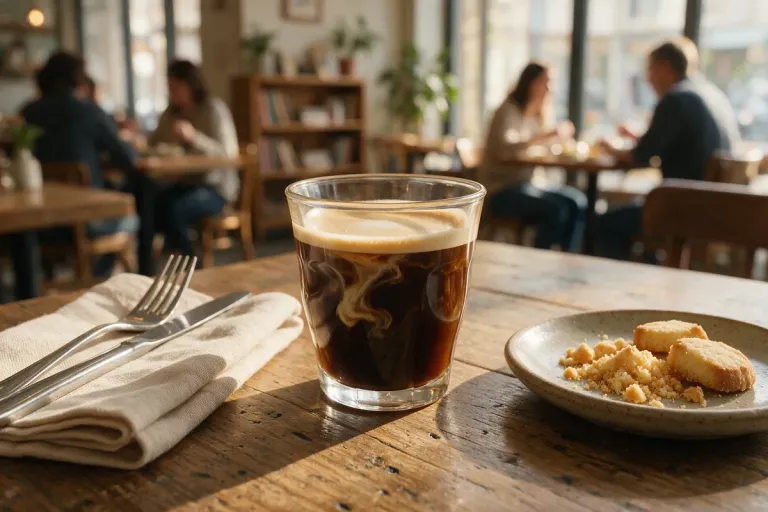 A coffee with a dash of milk in a small glass on a café table after a meal
