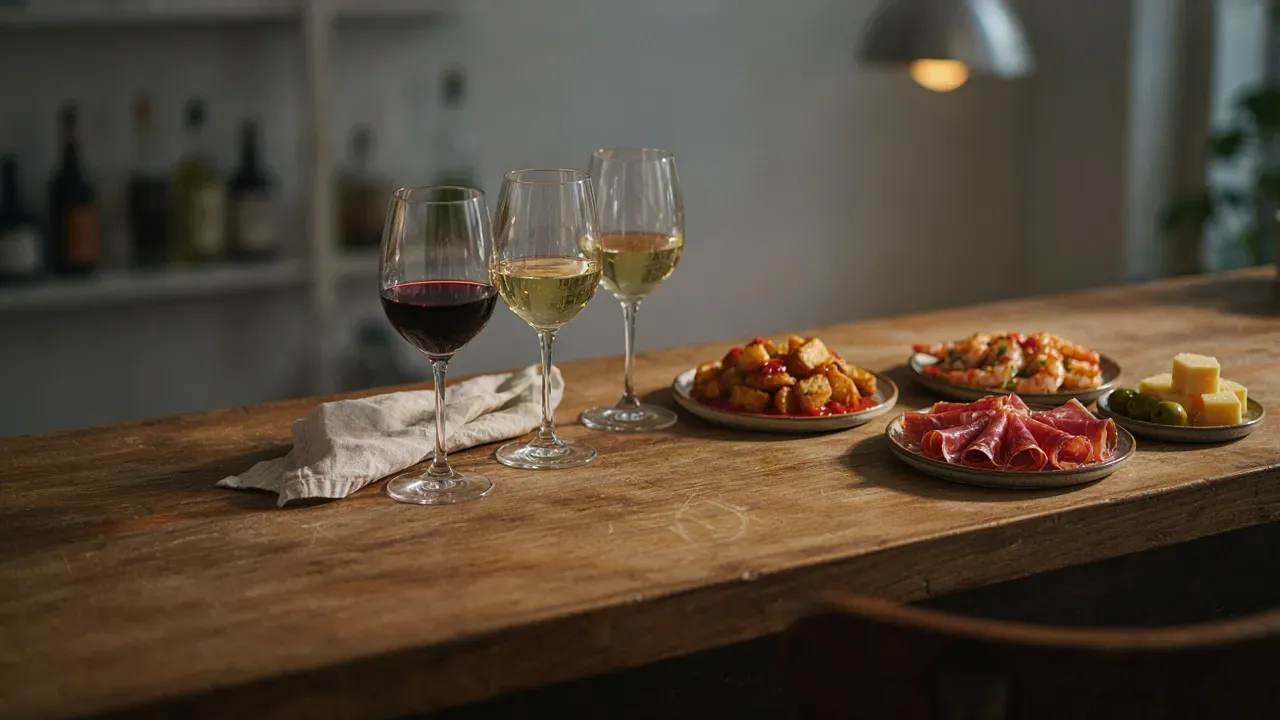 Several glasses of red, white and pale gold wine on a wooden bar counter next to small tapas plates