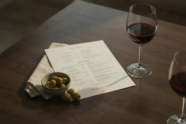 A printed wine list on a restaurant table beside a glass of red wine and a bowl of olives