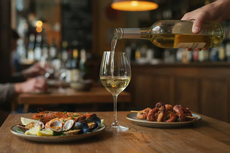A waiter's hand pouring white wine into a glass at a tapas bar with seafood dishes in the foreground